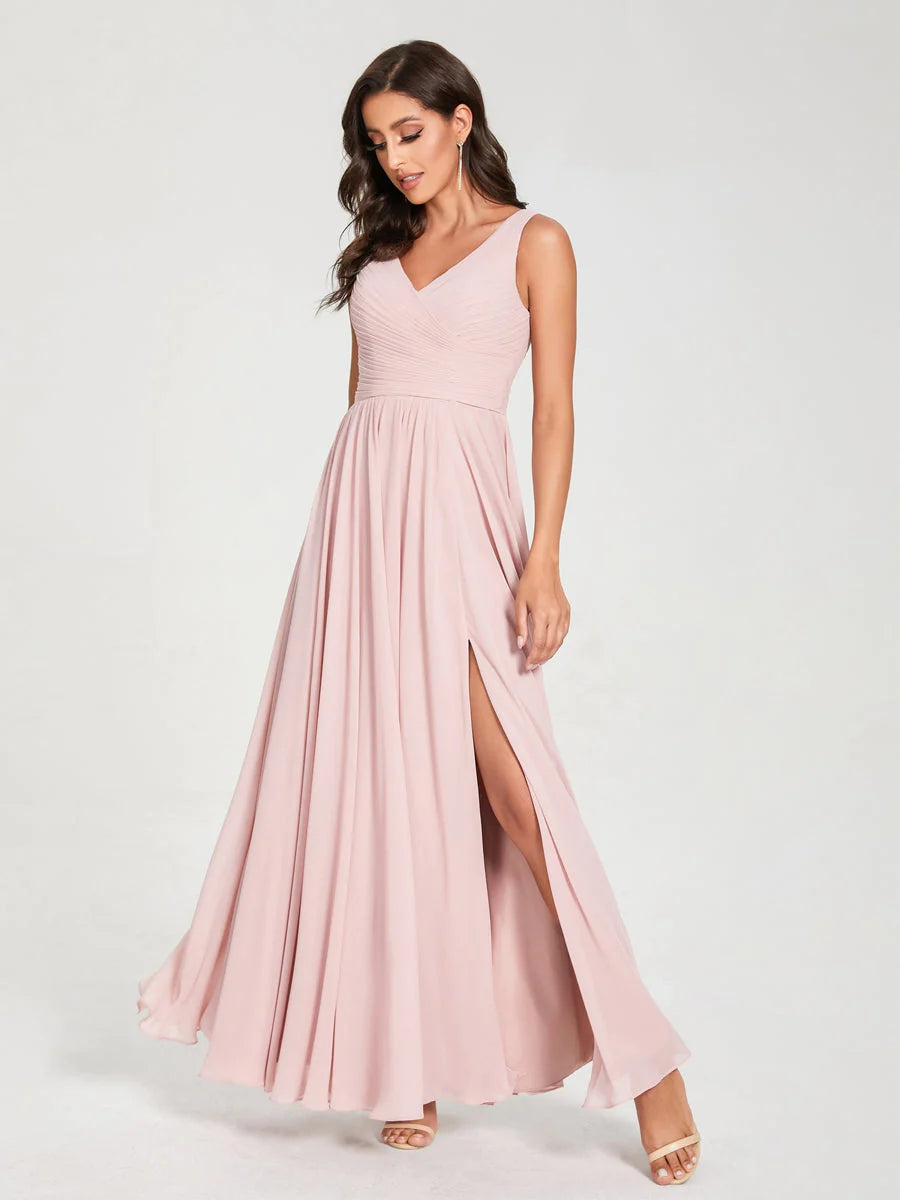 Wholesa A-Line/Princess Chiffon V-Neck Sleeveless With Pleats Floor-Length Lace Up Bridesmaid Dresses