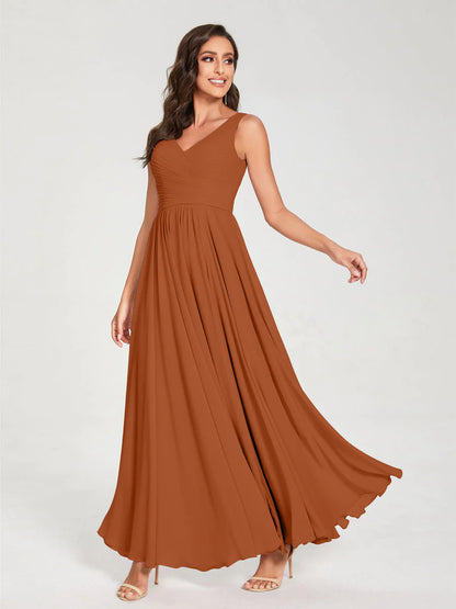 Wholesa A-Line/Princess Chiffon V-Neck Sleeveless With Pleats Floor-Length Lace Up Bridesmaid Dresses