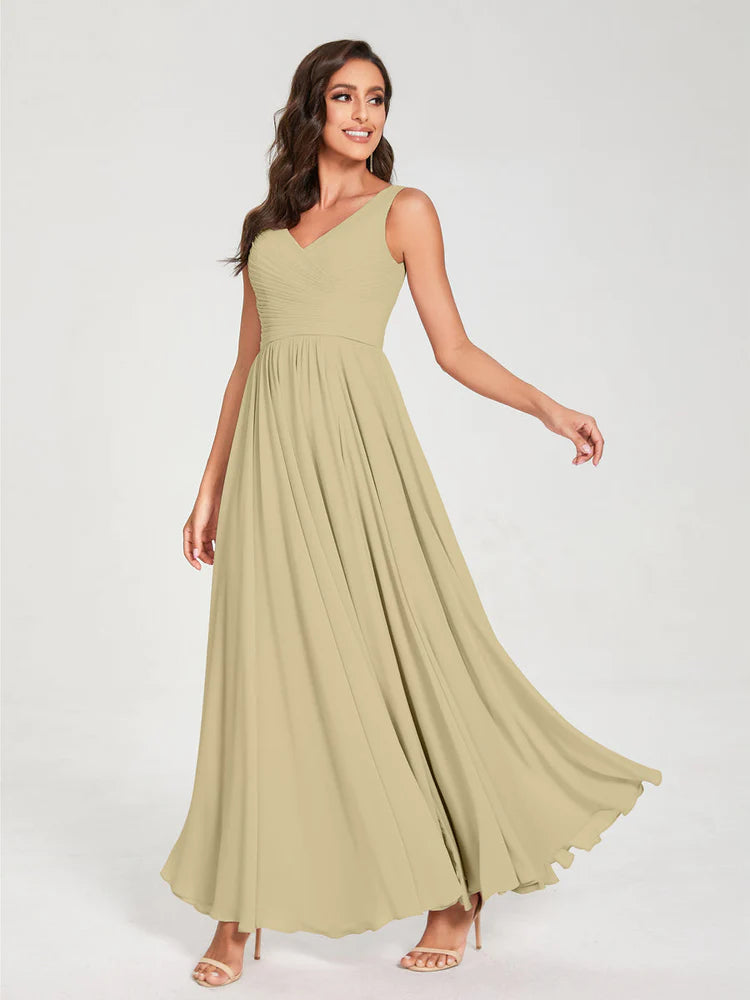 Wholesa A-Line/Princess Chiffon V-Neck Sleeveless With Pleats Floor-Length Lace Up Bridesmaid Dresses