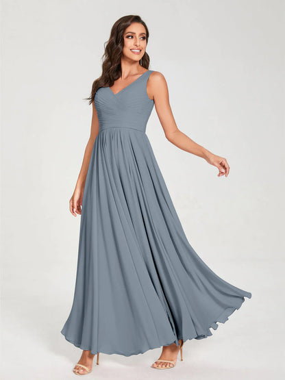 Wholesa A-Line/Princess Chiffon V-Neck Sleeveless With Pleats Floor-Length Lace Up Bridesmaid Dresses