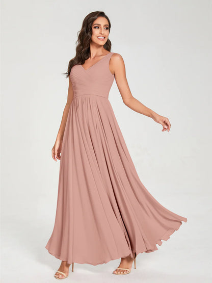 Wholesa A-Line/Princess Chiffon V-Neck Sleeveless With Pleats Floor-Length Lace Up Bridesmaid Dresses