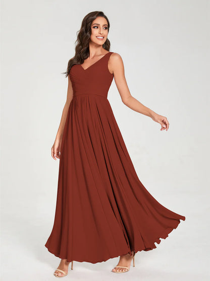 Wholesa A-Line/Princess Chiffon V-Neck Sleeveless With Pleats Floor-Length Lace Up Bridesmaid Dresses