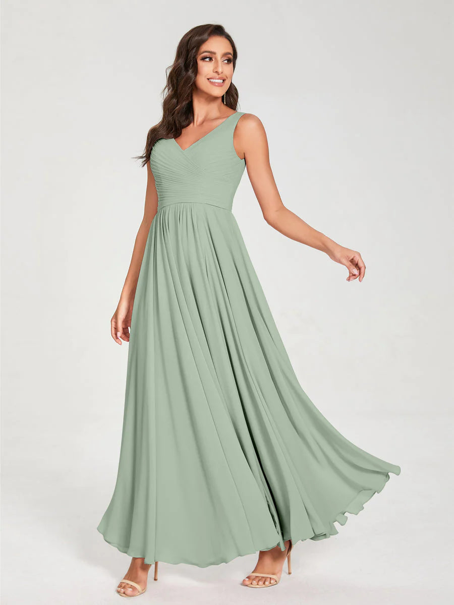 Wholesa A-Line/Princess Chiffon V-Neck Sleeveless With Pleats Floor-Length Lace Up Bridesmaid Dresses