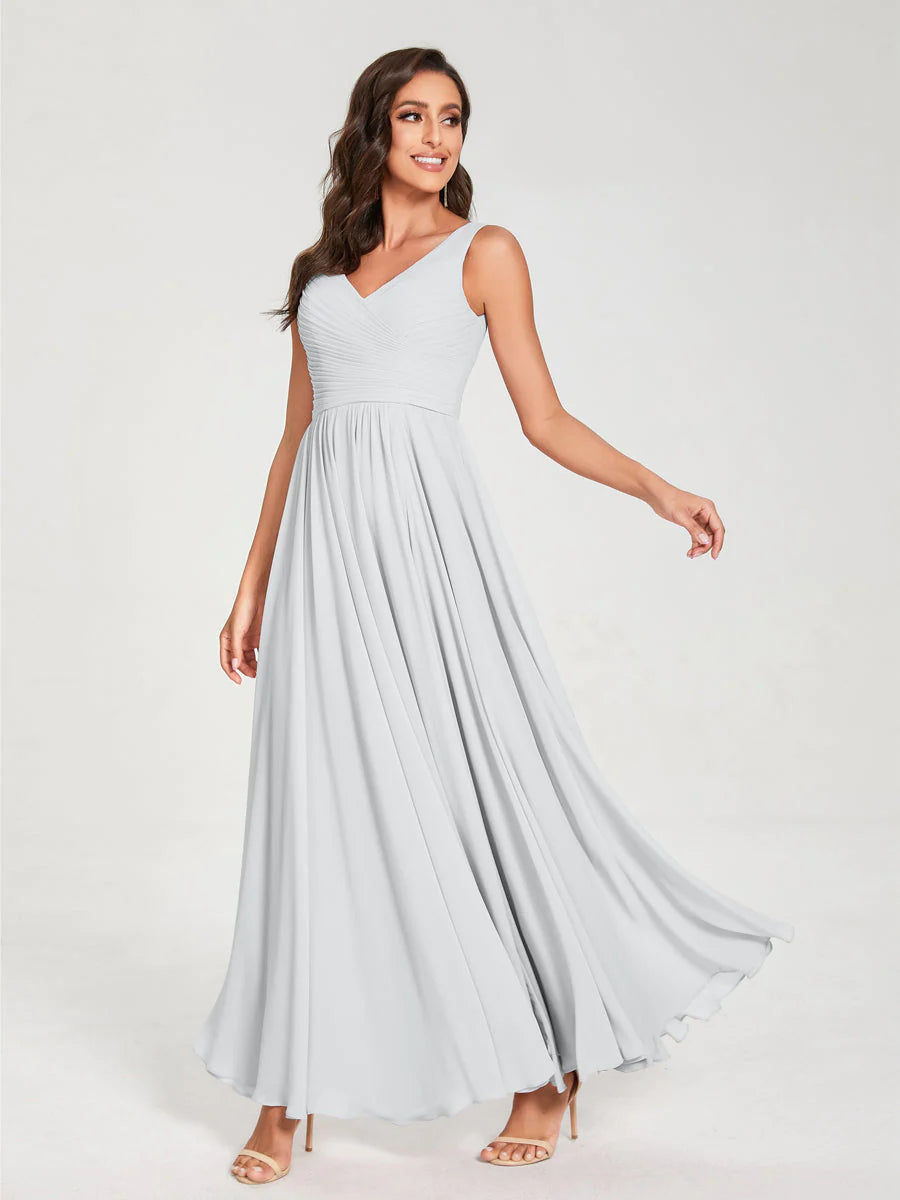 Wholesa A-Line/Princess Chiffon V-Neck Sleeveless With Pleats Floor-Length Lace Up Bridesmaid Dresses