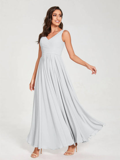 Wholesa A-Line/Princess Chiffon V-Neck Sleeveless With Pleats Floor-Length Lace Up Bridesmaid Dresses