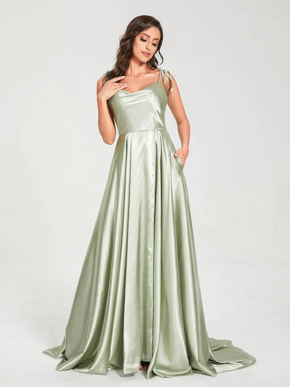 Wholesa A-Line Spaghetti Straps Sleeveless Long Silk Like Satin Bridesmaid Dresses