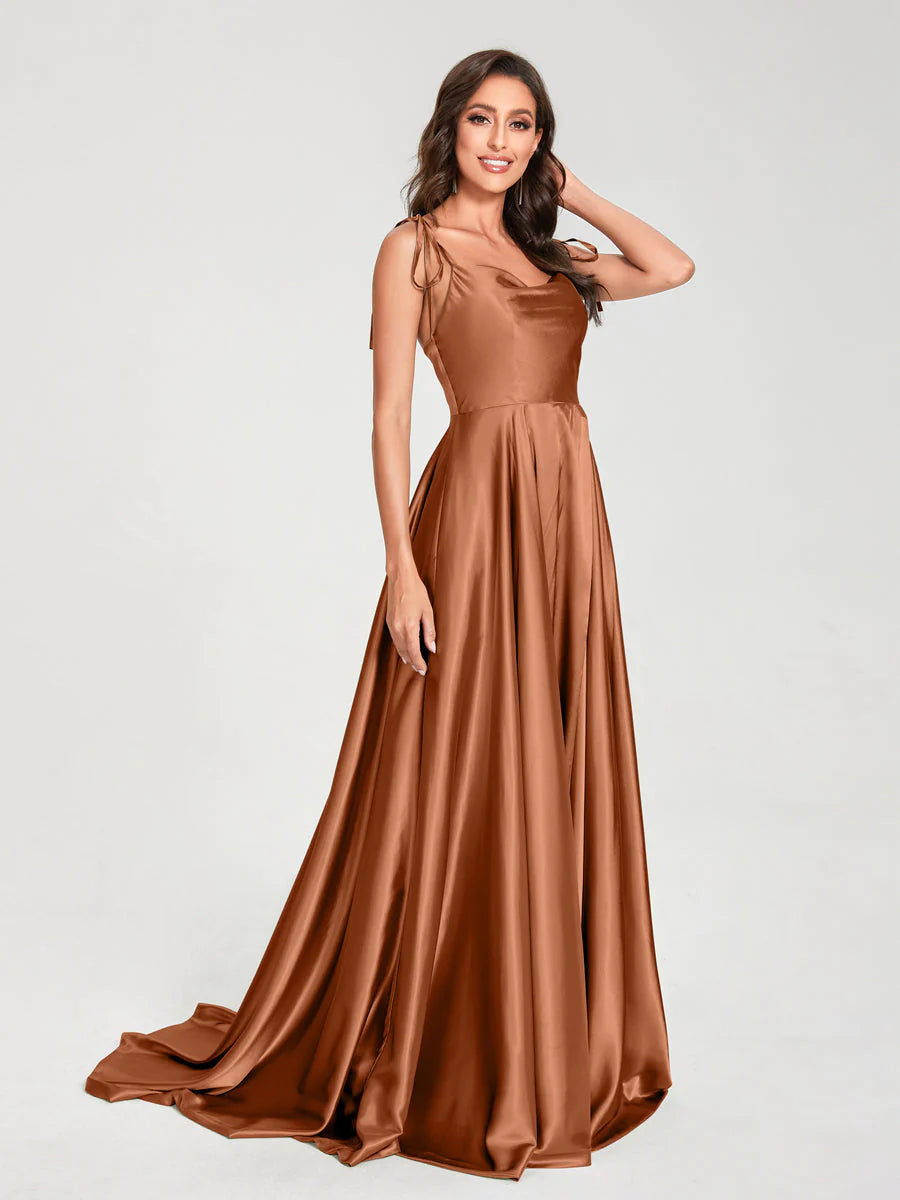 Wholesa A-Line Spaghetti Straps Sleeveless Long Silk Like Satin Bridesmaid Dresses