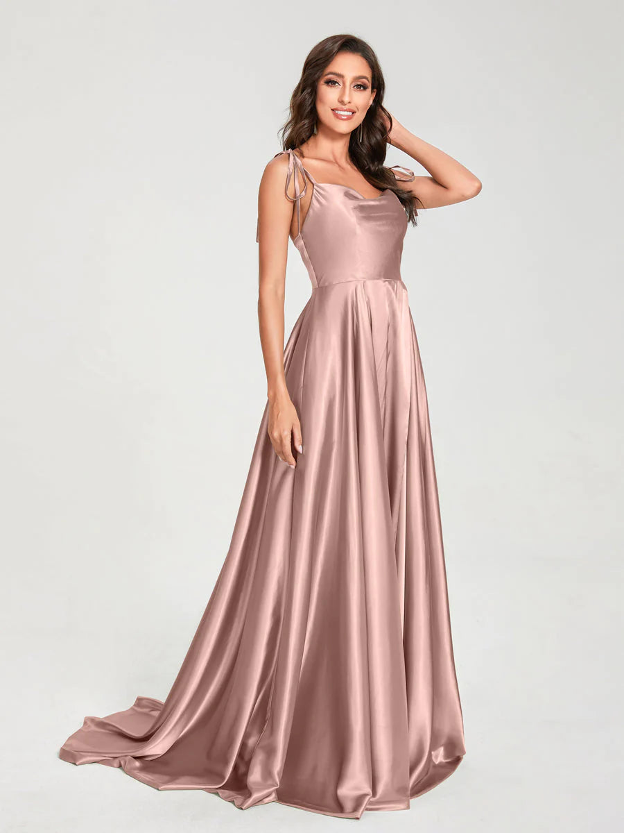 Wholesa A-Line Spaghetti Straps Sleeveless Long Silk Like Satin Bridesmaid Dresses