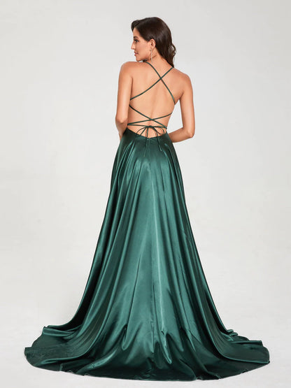 Wholesa A-Line/Princess Spaghetti Straps Sleeveless Floor-Length Split Side Backless Bridesmaid Dresses