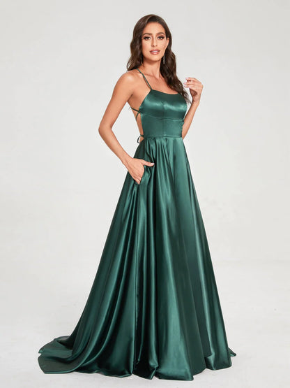 Wholesa A-Line/Princess Spaghetti Straps Sleeveless Floor-Length Split Side Backless Bridesmaid Dresses