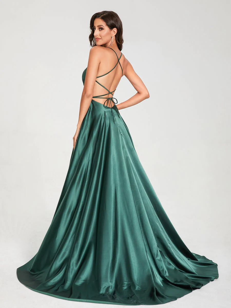 Wholesa A-Line/Princess Spaghetti Straps Sleeveless Floor-Length Split Side Backless Bridesmaid Dresses