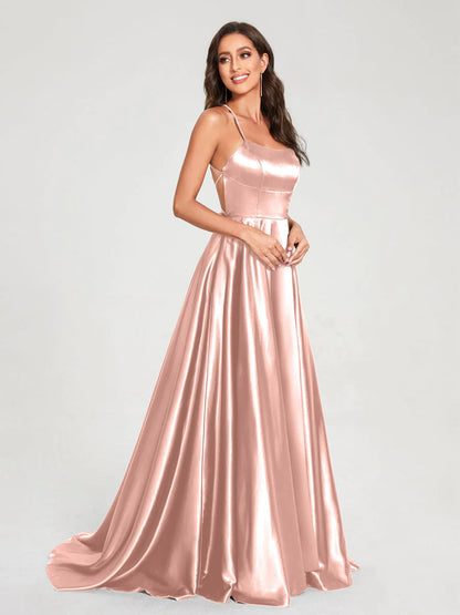 Wholesa A-Line/Princess Spaghetti Straps Sleeveless Floor-Length Split Side Backless Bridesmaid Dresses