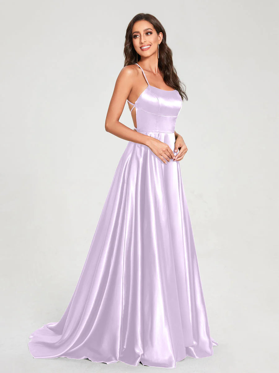 Wholesa A-Line/Princess Spaghetti Straps Sleeveless Floor-Length Split Side Backless Bridesmaid Dresses