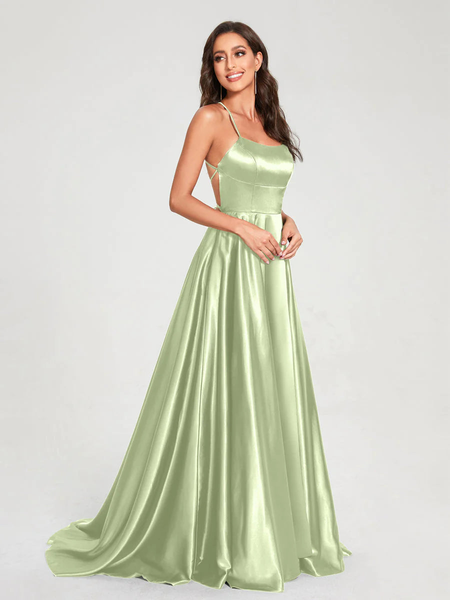 Wholesa A-Line/Princess Spaghetti Straps Sleeveless Floor-Length Split Side Backless Bridesmaid Dresses