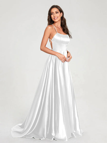 Wholesa A-Line/Princess Spaghetti Straps Sleeveless Floor-Length Split Side Backless Bridesmaid Dresses