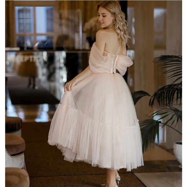 Wholesale A Line Graduation Dresses Pink Homecoming Dresses Tulle Tea Length Prom Dress