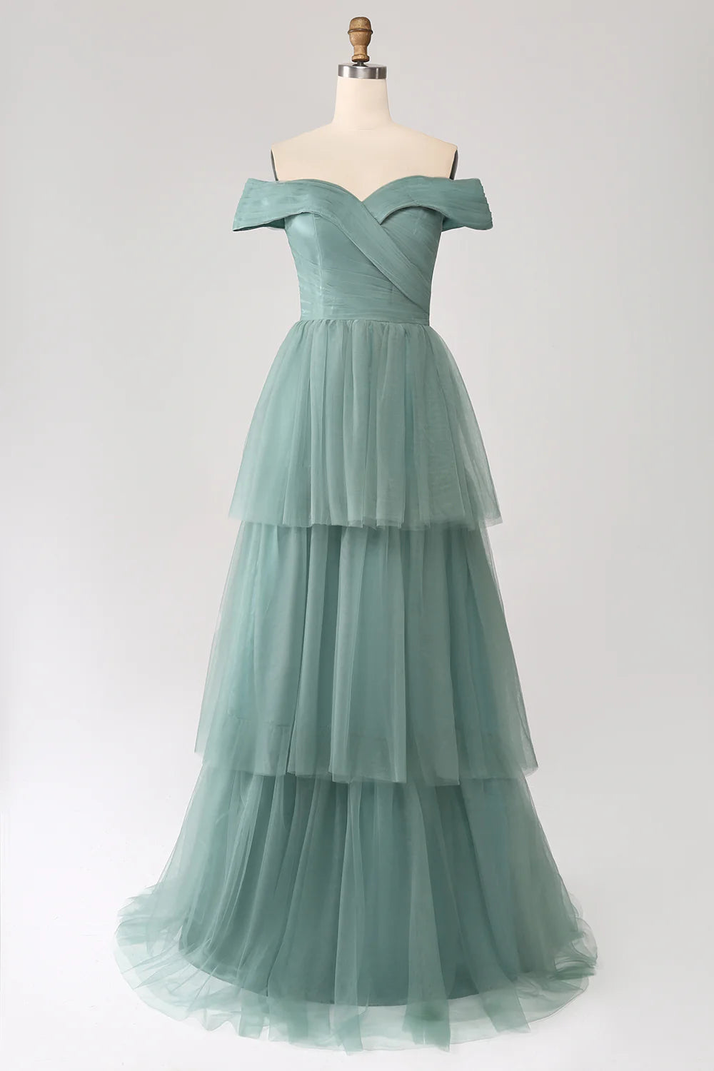 Wholesale Grey Green A-Line Prom Dresses Off The Shoulder Pleated Tiered Maxi Dress