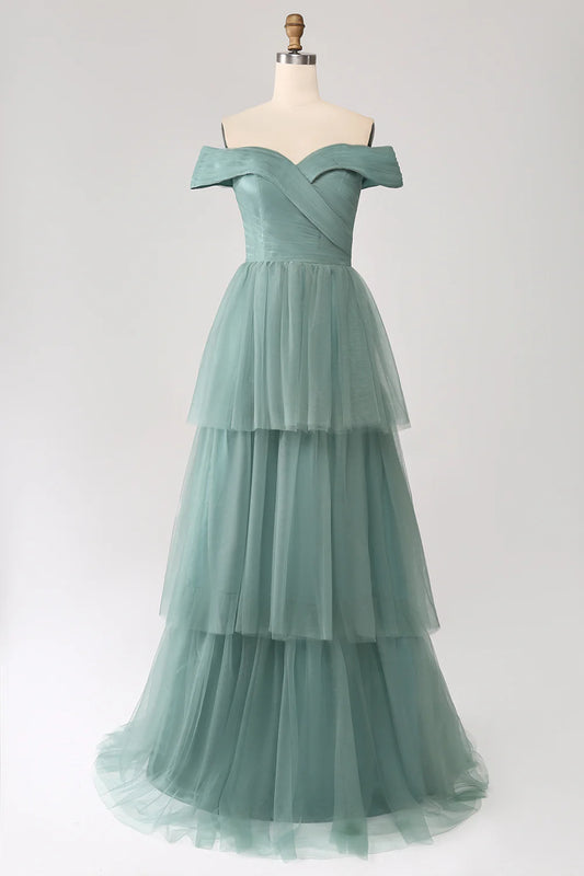 Wholesale Grey Green A-Line Prom Dresses Off The Shoulder Pleated Tiered Maxi Dress