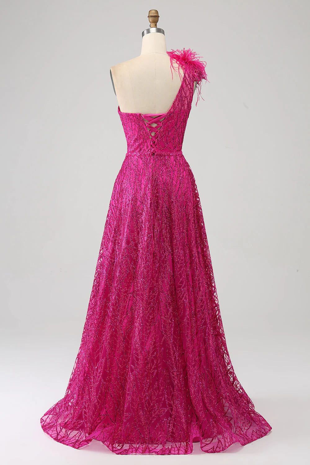 Wholesale A-Line Evening Dress One Shoulder Feather Sequin Fuchsia Prom Dress With Slit