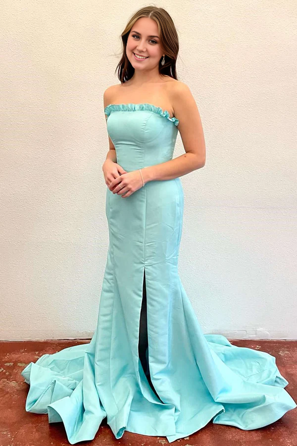 Wholesale Strapless Evening Dress Maganta Ruffle Mermaid Slit Long Prom Dress