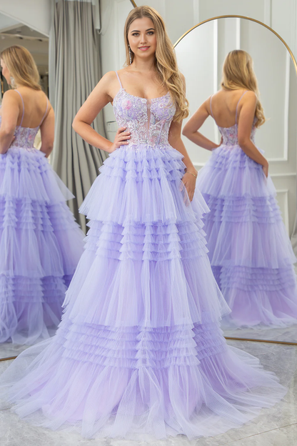 Wholesale A Line Tiered Tulle Corset Long Prom Dress With Beaded Flower Lilac Appliques