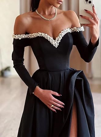 Wholesale A-Line Sexy Evening Dress Formal Prom Dress Sweep/Brush Train Long Sleeve Off Shoulder Satin with Pearls Slit