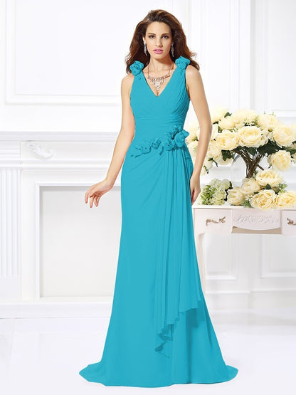 Wholesale Mermaid Chiffon V-neck Sleeveless Sweep/Brush Train With Hand-Made Flower Bridesmaid Dresses