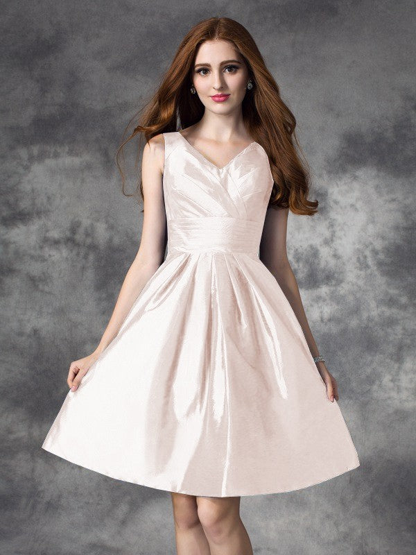 Wholesale A-Line Satin V-neck Sleeveless Short/Mini With Ruched Bridesmaid Dresses