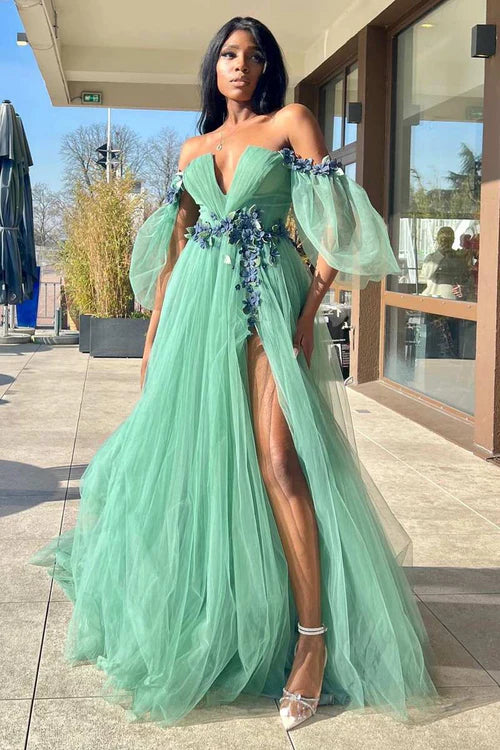 Wholesale Green Tulle 3D Floral Evening Dress Lace Off-the-Shoulder A-Line Long Prom Dress