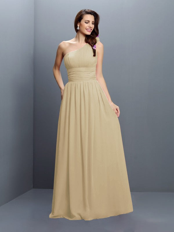 Wholesale A-Line Chiffon One-Shoulder Sleeveless Floor-Length With Pleats Bridesmaid Dresses