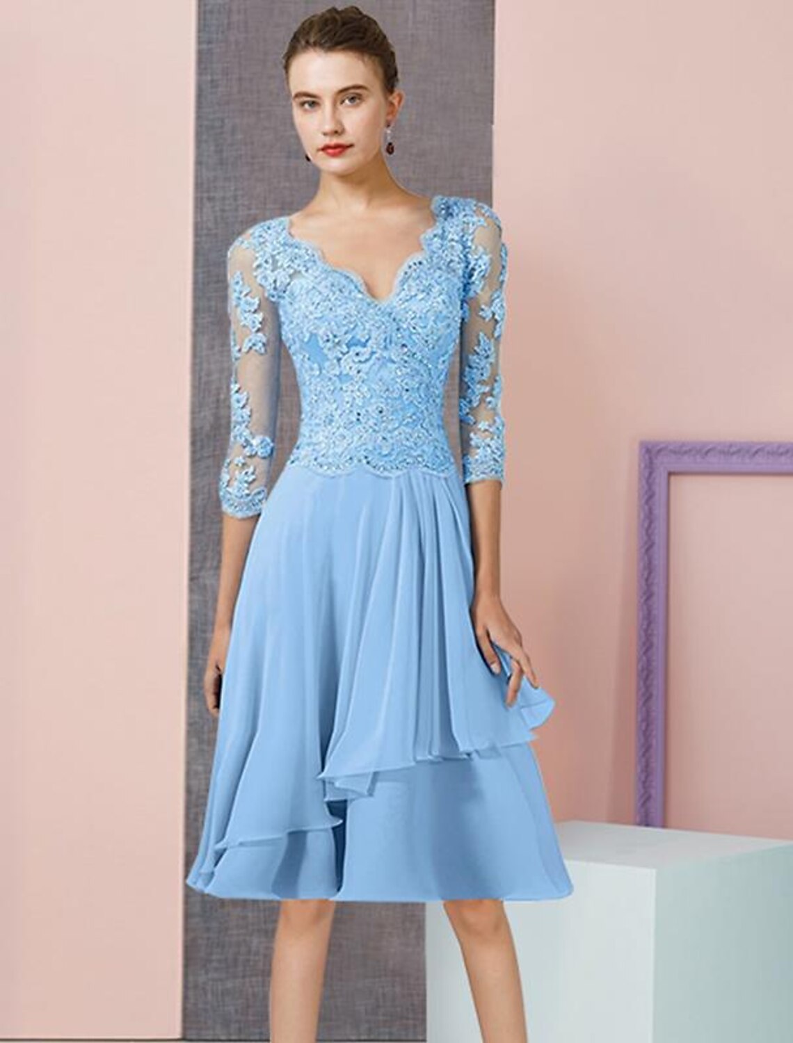 Wholesale Two Piece A-Line Mother of the Bride Dress Formal Wedding Guest Elegant V Neck Knee Length Chiffon Lace 3/4 Length Sleeve Wrap Included with Beading Sequin Appliques