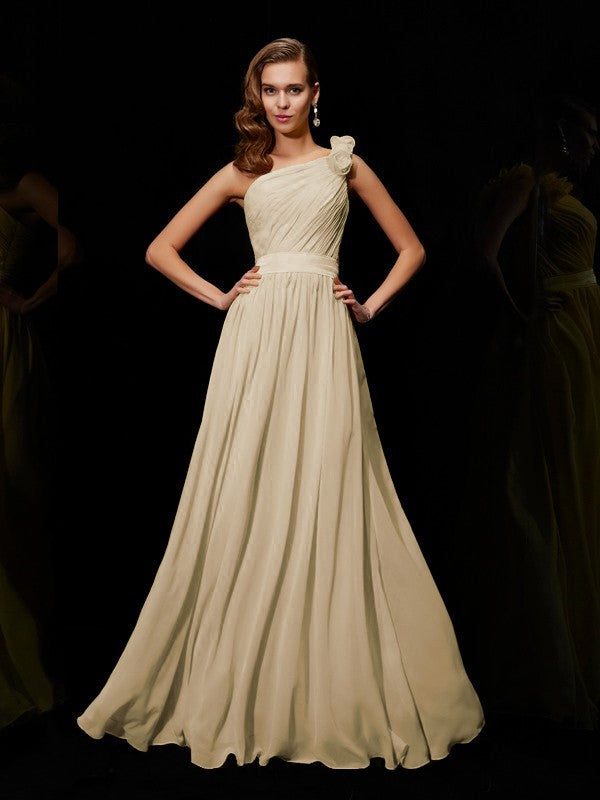 Wholesale A-Line Chiffon One-Shoulder Sleeveless Floor-Length With Hand-Made Flower Bridesmaid Dresses