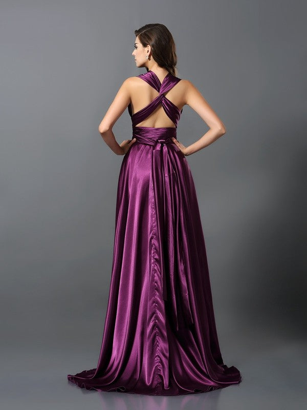 Wholesale A-Line Silk like Satin V-neck Sleeveless Sweep/Brush Train With Pleats Convertible Bridesmaid Dresses