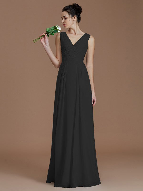 Wholesale A-Line V-neck Sleeveless With Ruched Floor-Length Chiffon Bridesmaid Dresses