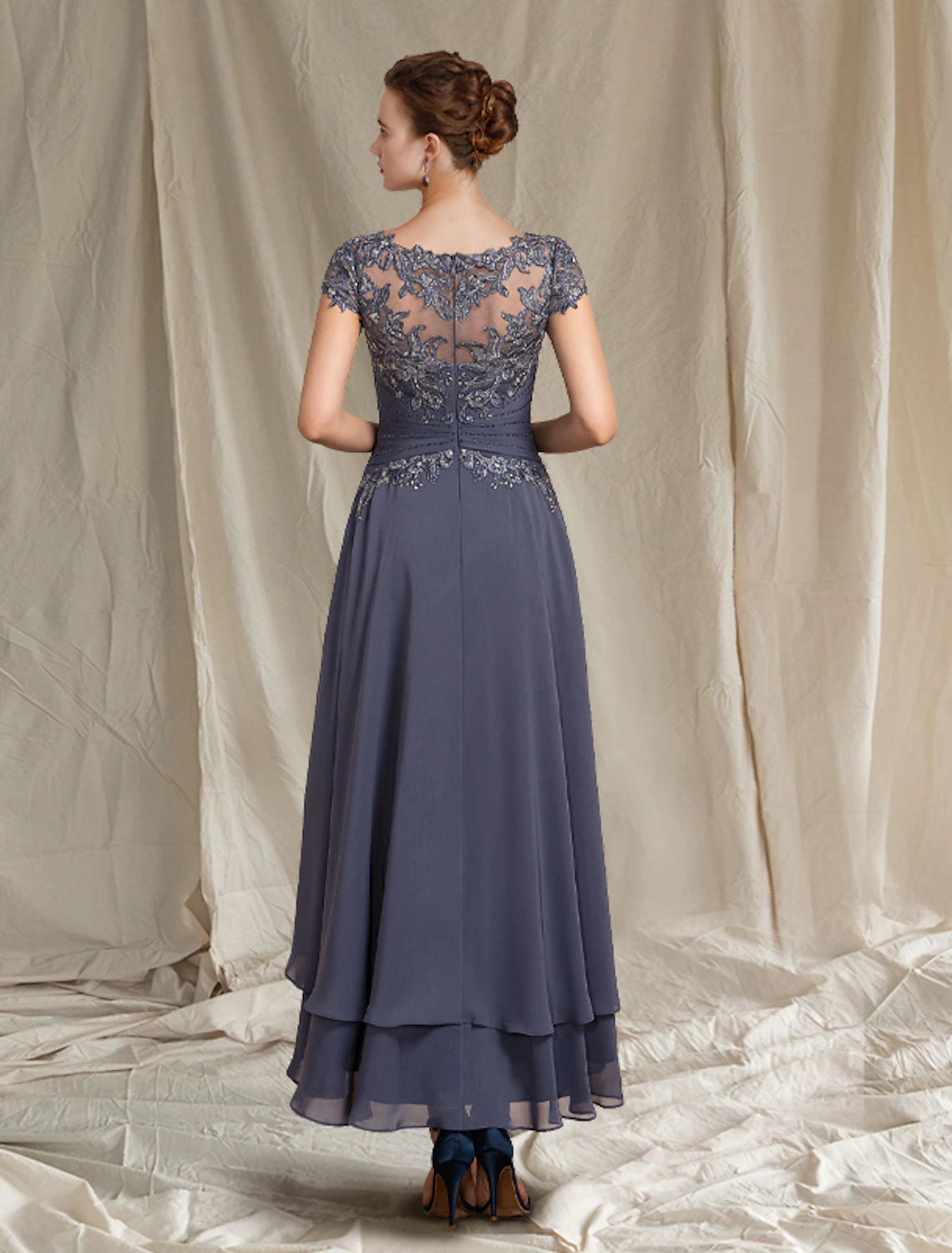 Wholesale Two Piece A-Line Mother of the Bride Dress Formal Wedding Guest Elegant Scoop Neck Asymmetrical Tea Length Chiffon Lace Short Sleeve Wrap Included with Beading Appliques