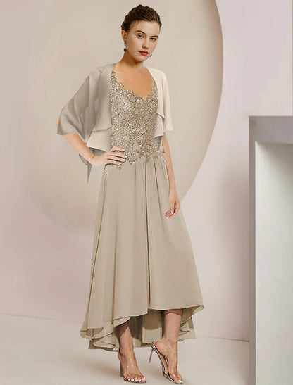 Wholesale Two Piece A-Line Mother of the Bride Dress Formal Wedding Guest Elegant High Low V Neck Asymmetrical Tea Length Chiffon Lace 3/4 Length Sleeve Wrap Included with Sequin Appliques