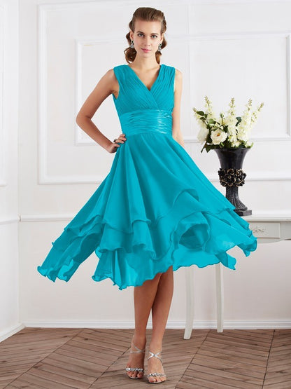 Wholesale A-Line Chiffon V-neck Short Sleeves Tea-Length With Pleats Bridesmaid Dresses