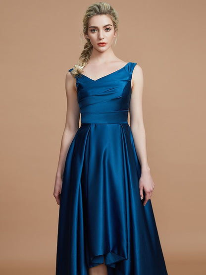 Wholesale A-Line V-neck Satin Asymmetrical Sleeveless Bridesmaid Dresses