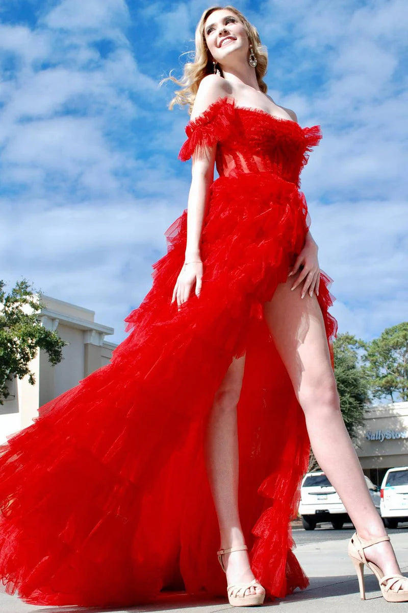 Wholesa Off the Shoulder Ruffle Red Layered Tulle Prom Dress with Slit