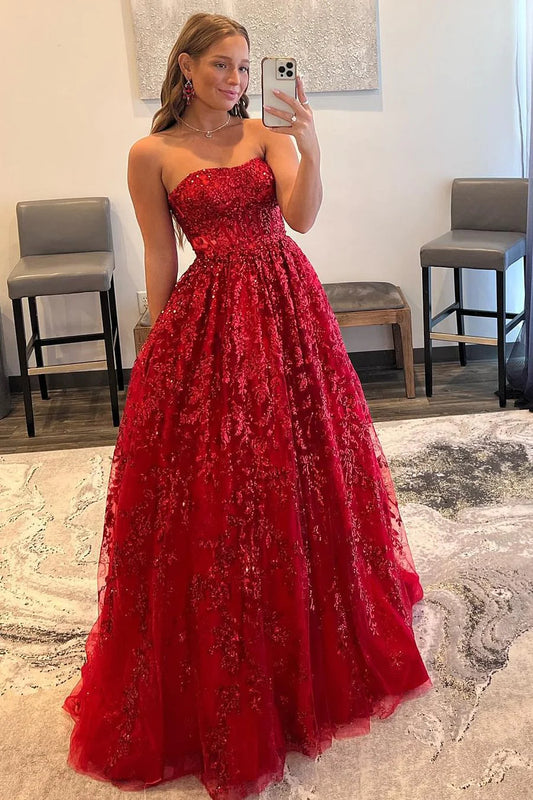 Wholesa Red A-Line Strapless Sequin Lace Prom Dresses