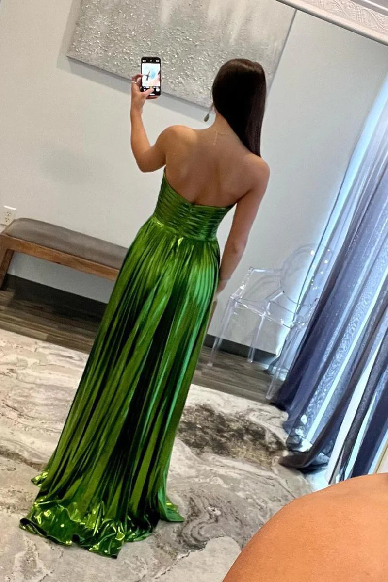 Wholesa Green Strapless Pleated A-Line Long Prom Dresses