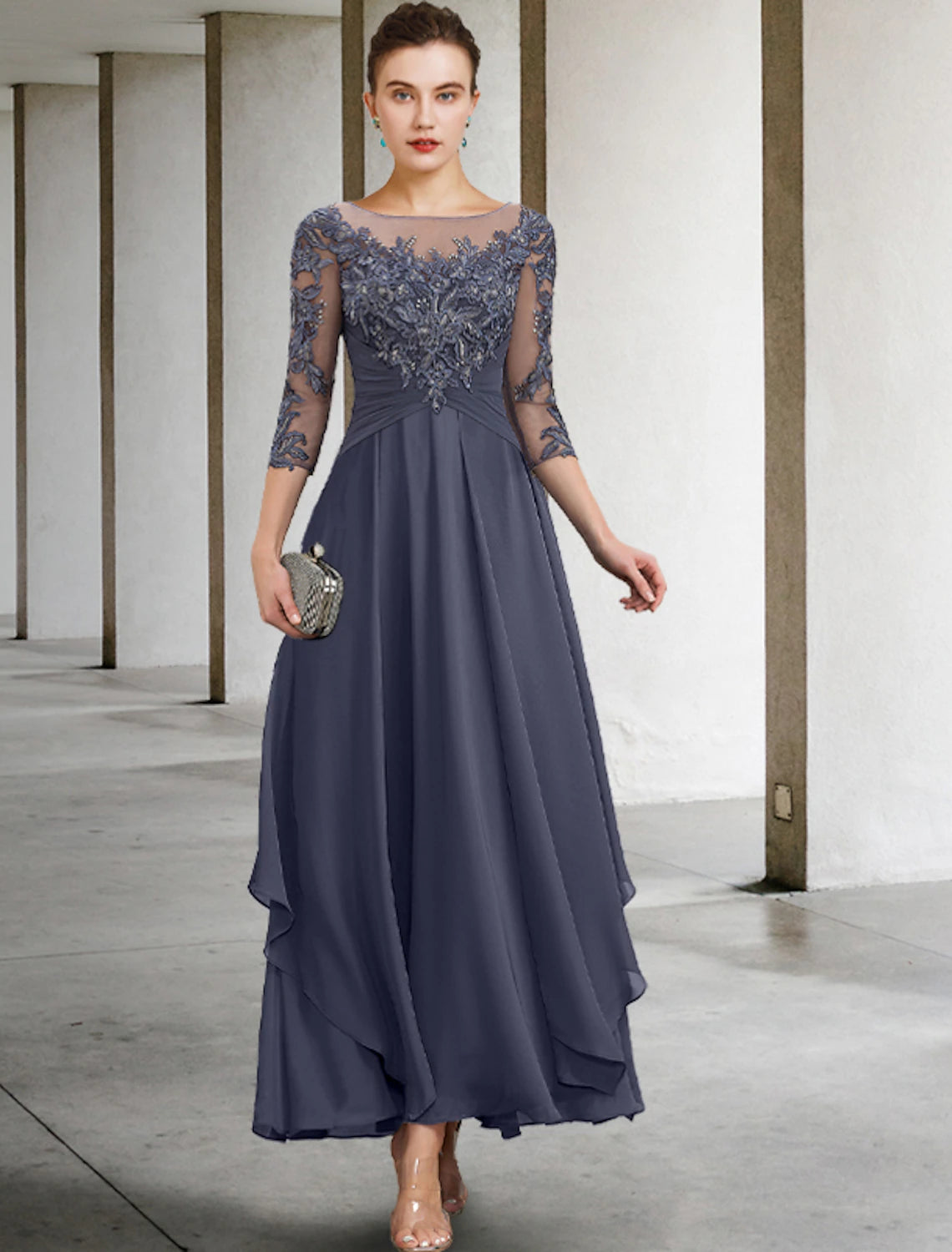 Wholesale A-Line Mother of the Bride Dress Fall Wedding Guest Plus Size Elegant Jewel Neck Ankle Length Chiffon Lace 3/4 Length Sleeve with Ruched Sequin Appliques