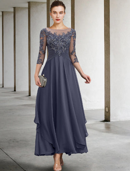 Wholesale A-Line Mother of the Bride Dress Fall Wedding Guest Plus Size Elegant Jewel Neck Ankle Length Chiffon Lace 3/4 Length Sleeve with Ruched Sequin Appliques