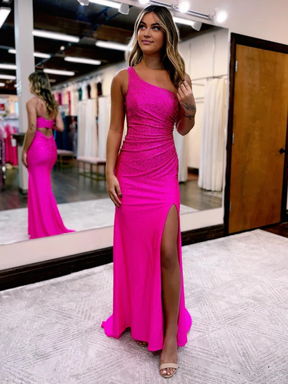 Wholesale Mermaid Evening Dress One Shoulder Beaded Jersey Prom Dress with Slit