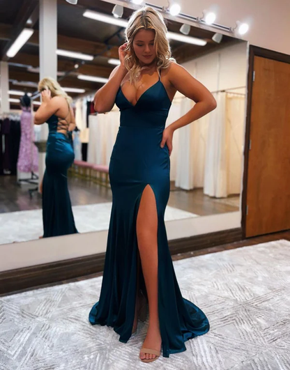 Wholesale Elegant Mermaid Evening Dress Spaghetti Straps Satin Prom Dress with Slit