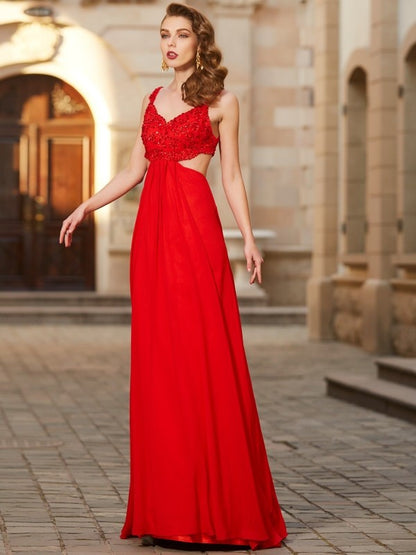 Wholesa A-Line/Princess Straps Sleeveless Floor-Length Applique Chiffon Dresses