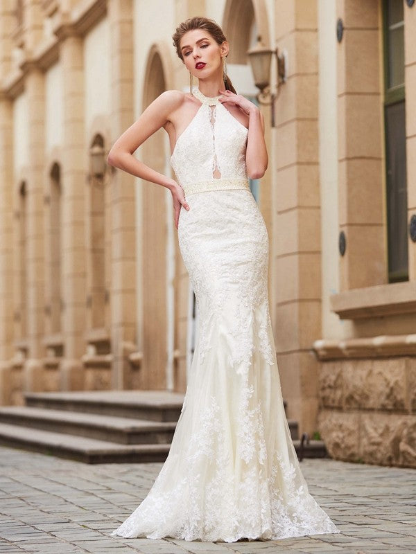 Wholesa Sheath/Column Jewel Sleeveless Floor-Length Applique Lace Dresses