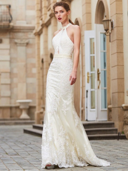 Wholesa Sheath/Column Jewel Sleeveless Floor-Length Applique Lace Dresses