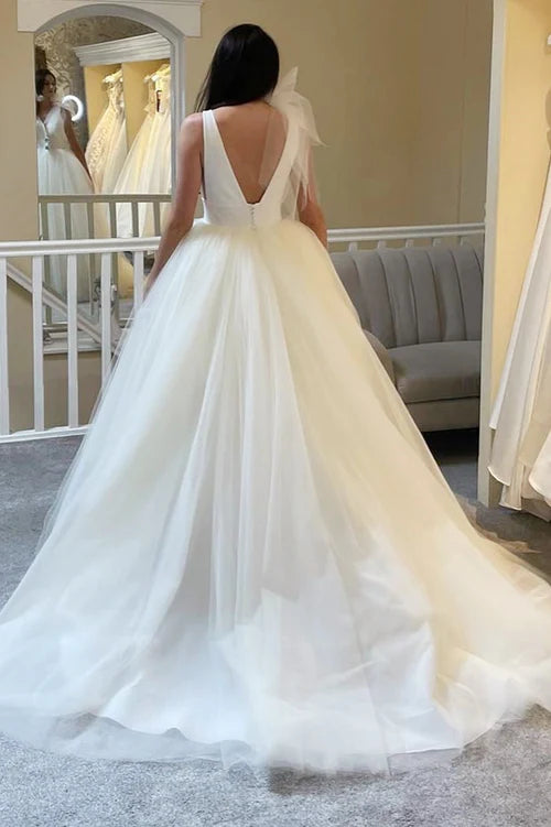 Wholesale Elegant A-Line White Tulle Plunge V Open Back Wedding Dress