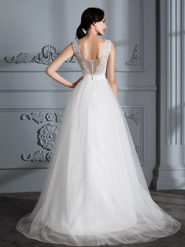 Wholesa A-Line/Princess Sleeveless V-neck Sweep/Brush Train Tulle Wedding Dresses